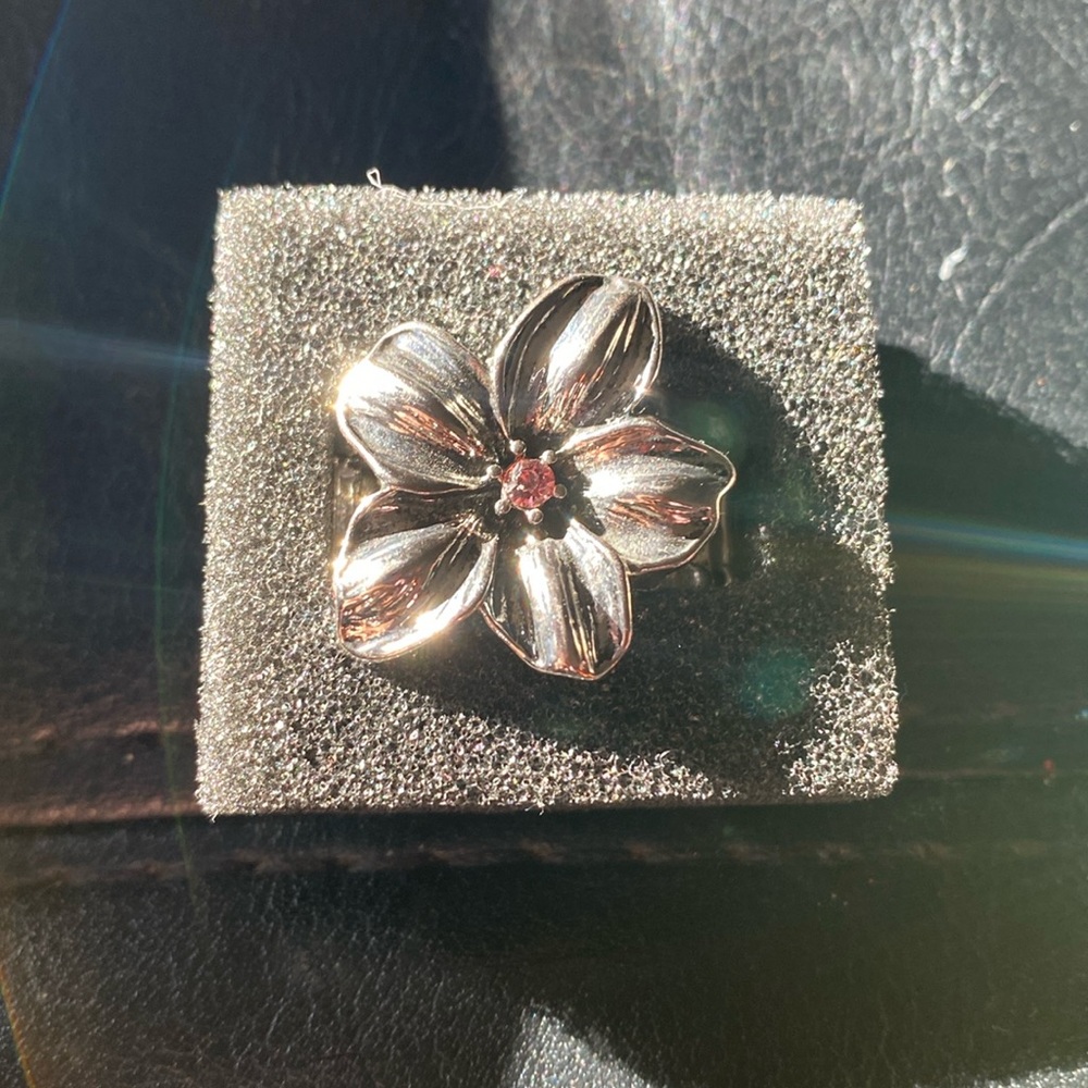 Silver plumeria 
Stretch ring 
Pink center